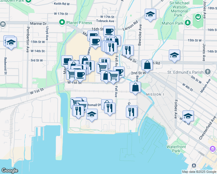 map of restaurants, bars, coffee shops, grocery stores, and more near 60 Fell Avenue in North Vancouver