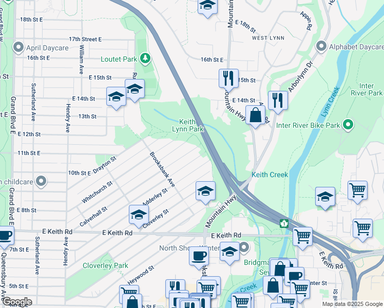map of restaurants, bars, coffee shops, grocery stores, and more near 1077 Calverhall Street in North Vancouver