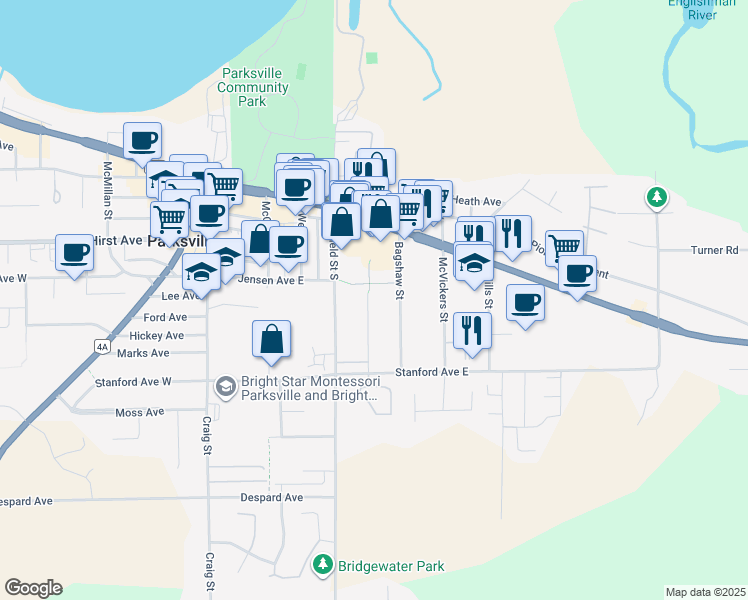map of restaurants, bars, coffee shops, grocery stores, and more near 218 Evergreen Street in Parksville