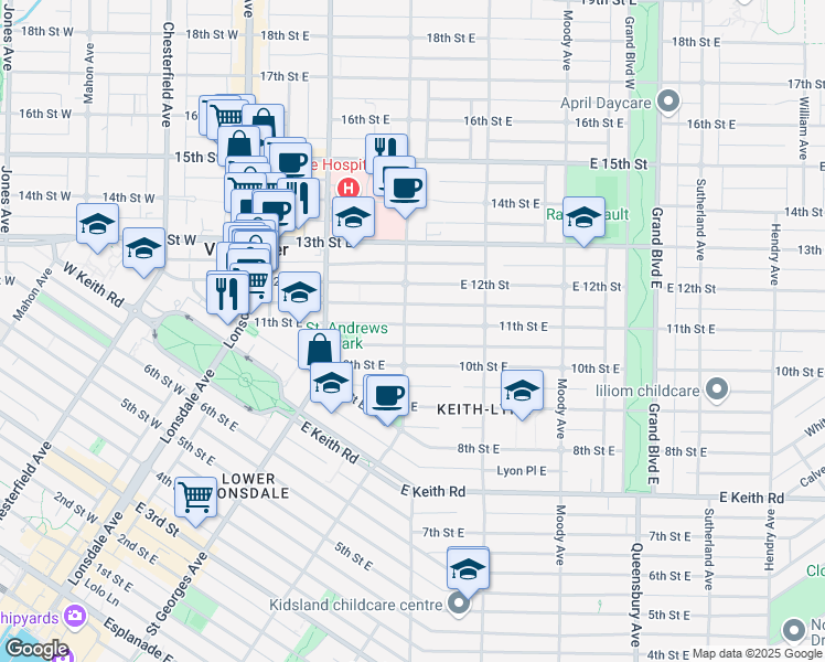 map of restaurants, bars, coffee shops, grocery stores, and more near 303 11th Street East in North Vancouver