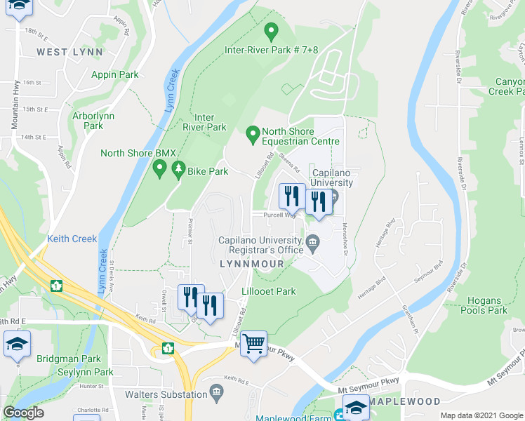 map of restaurants, bars, coffee shops, grocery stores, and more near 1854 Purcell Way in North Vancouver