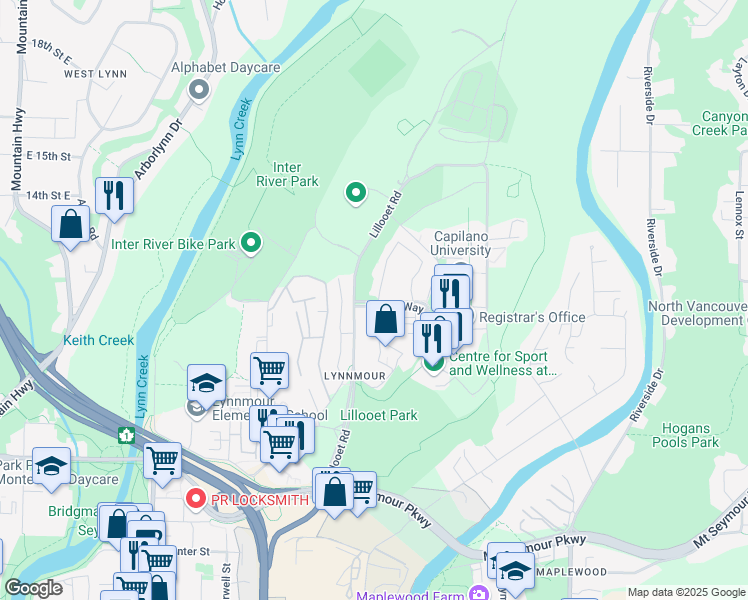 map of restaurants, bars, coffee shops, grocery stores, and more near 1894 Purcell Way in North Vancouver