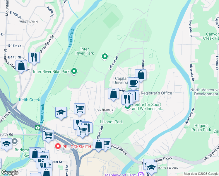 map of restaurants, bars, coffee shops, grocery stores, and more near 1866 Purcell Way in North Vancouver
