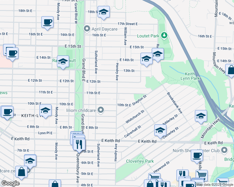 map of restaurants, bars, coffee shops, grocery stores, and more near 796 11th Street East in North Vancouver
