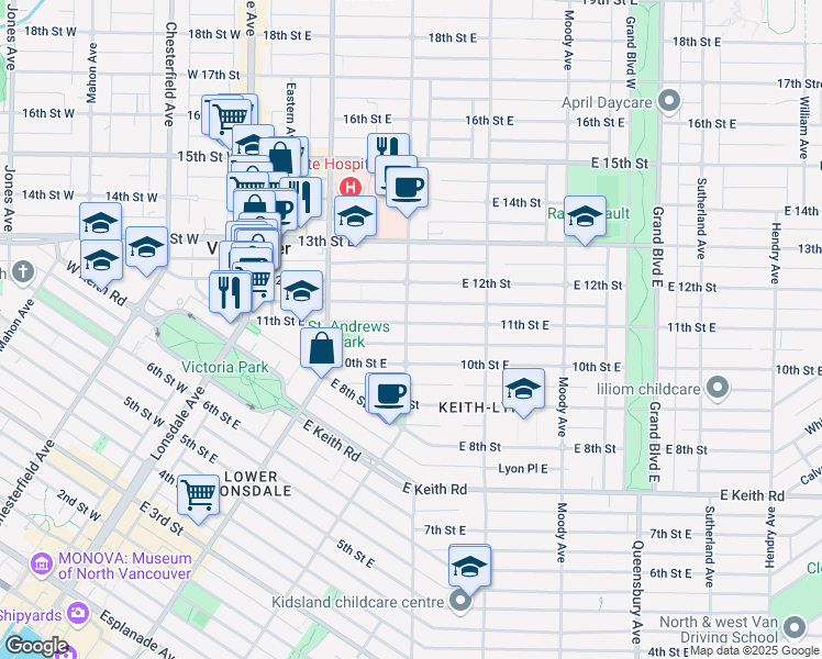 map of restaurants, bars, coffee shops, grocery stores, and more near 303 11th Street East in North Vancouver