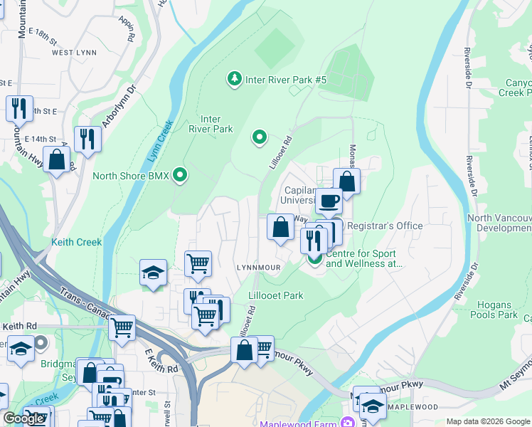 map of restaurants, bars, coffee shops, grocery stores, and more near 1976 Purcell Way in North Vancouver