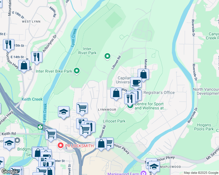 map of restaurants, bars, coffee shops, grocery stores, and more near 2030 Purcell Way in North Vancouver