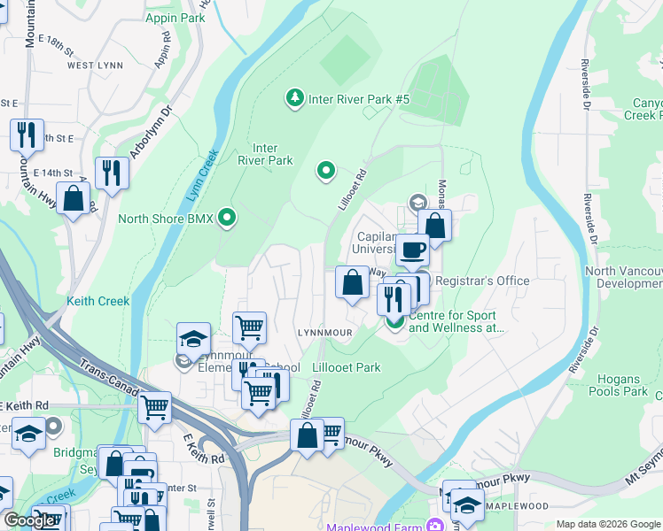 map of restaurants, bars, coffee shops, grocery stores, and more near 2050 Purcell Way in North Vancouver