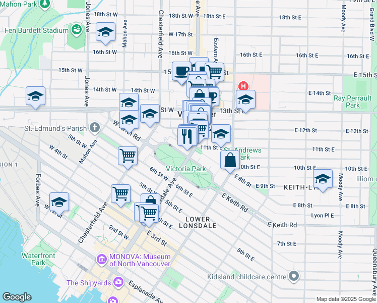 map of restaurants, bars, coffee shops, grocery stores, and more near in North Vancouver