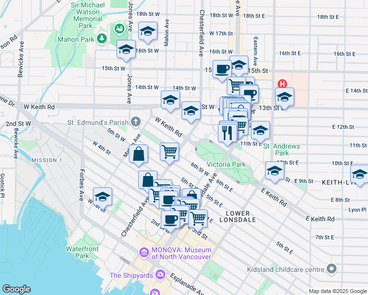 map of restaurants, bars, coffee shops, grocery stores, and more near 406 Vancouver Street in Victoria