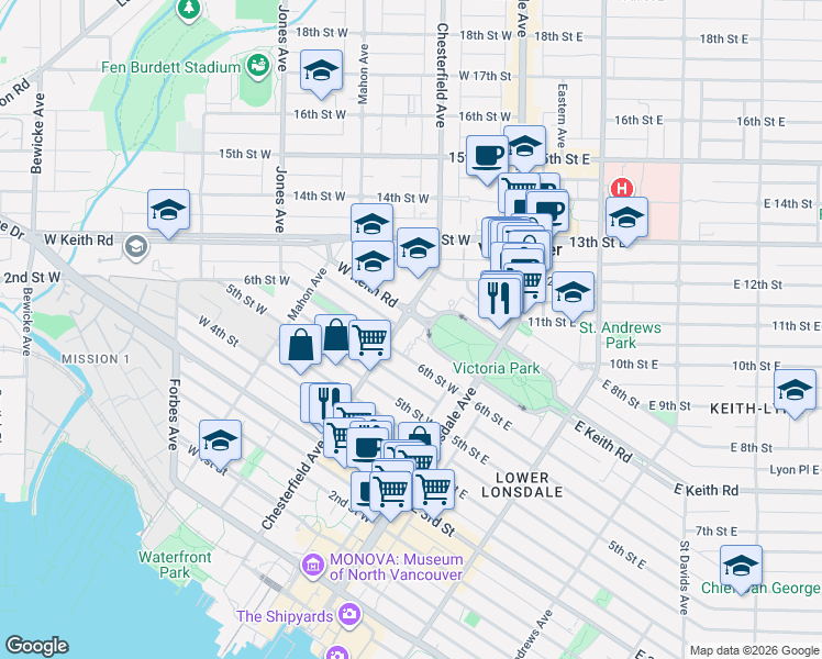map of restaurants, bars, coffee shops, grocery stores, and more near 683 West Victoria Park in North Vancouver