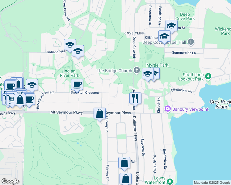 map of restaurants, bars, coffee shops, grocery stores, and more near 4114 Russell Court in North Vancouver