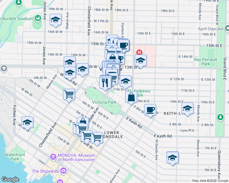 map of restaurants, bars, coffee shops, grocery stores, and more near 120 Keith Road East in North Vancouver