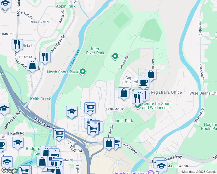 map of restaurants, bars, coffee shops, grocery stores, and more near 1039 Old Lillooet Road in North Vancouver