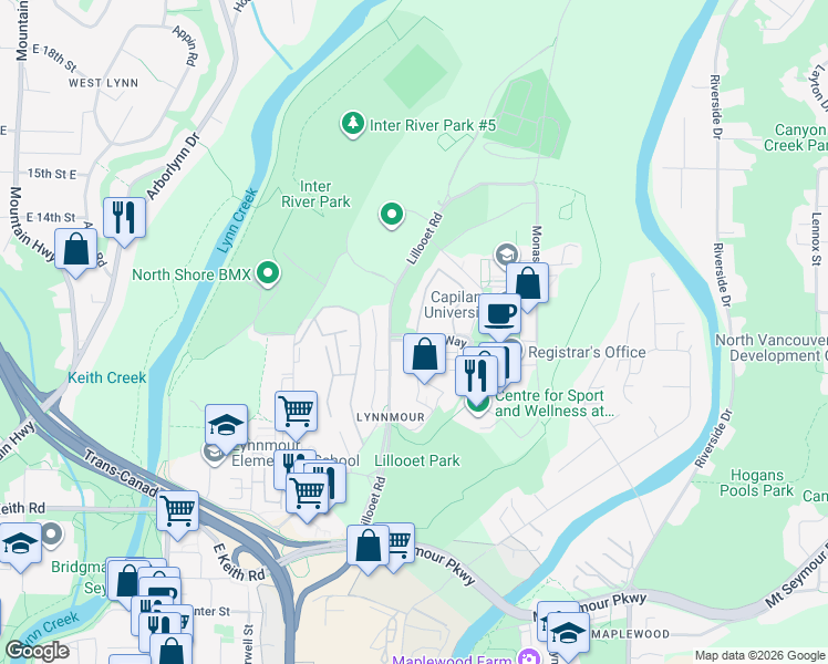 map of restaurants, bars, coffee shops, grocery stores, and more near 1884 Purcell Way in North Vancouver