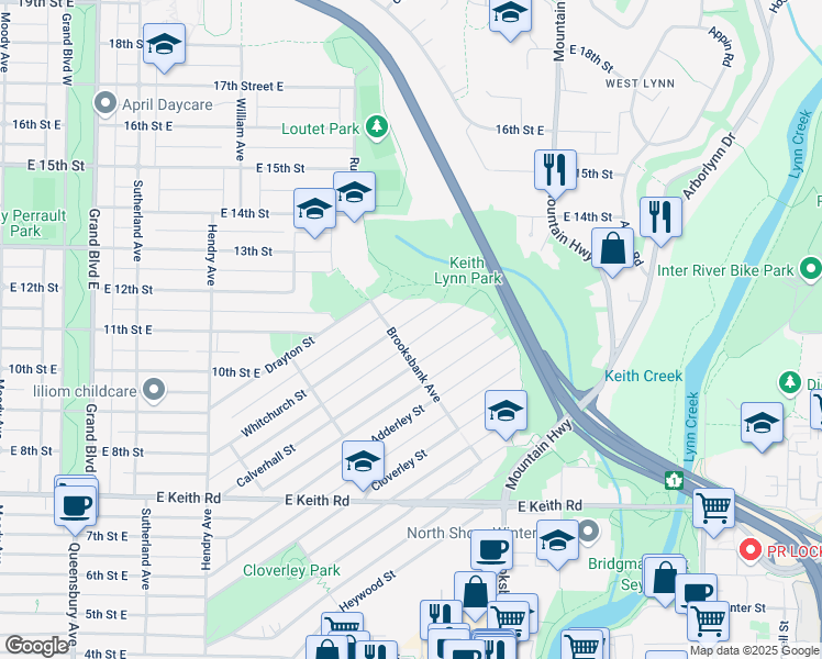 map of restaurants, bars, coffee shops, grocery stores, and more near 1017 Whitchurch Street in North Vancouver