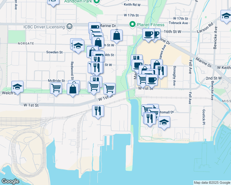map of restaurants, bars, coffee shops, grocery stores, and more near 207 Lloyd Avenue in North Vancouver