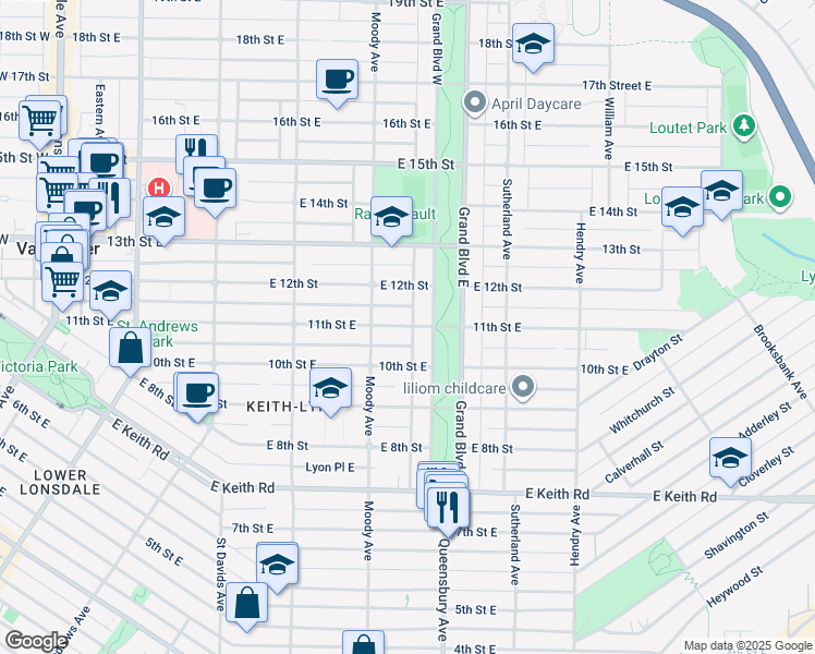 map of restaurants, bars, coffee shops, grocery stores, and more near 529 11th Street East in North Vancouver
