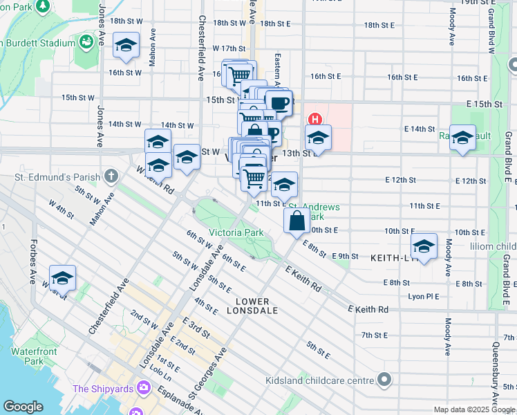 map of restaurants, bars, coffee shops, grocery stores, and more near 108 East 8th Street in North Vancouver
