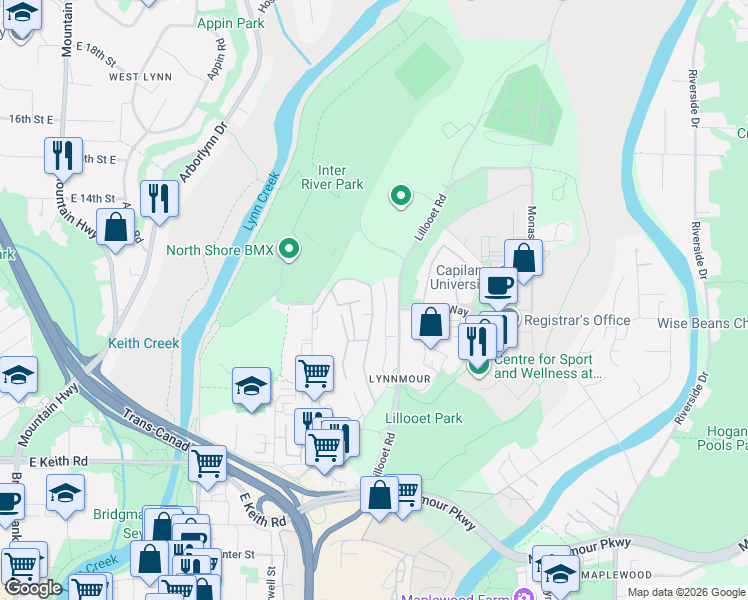 map of restaurants, bars, coffee shops, grocery stores, and more near 1059 Old Lillooet Road in North Vancouver