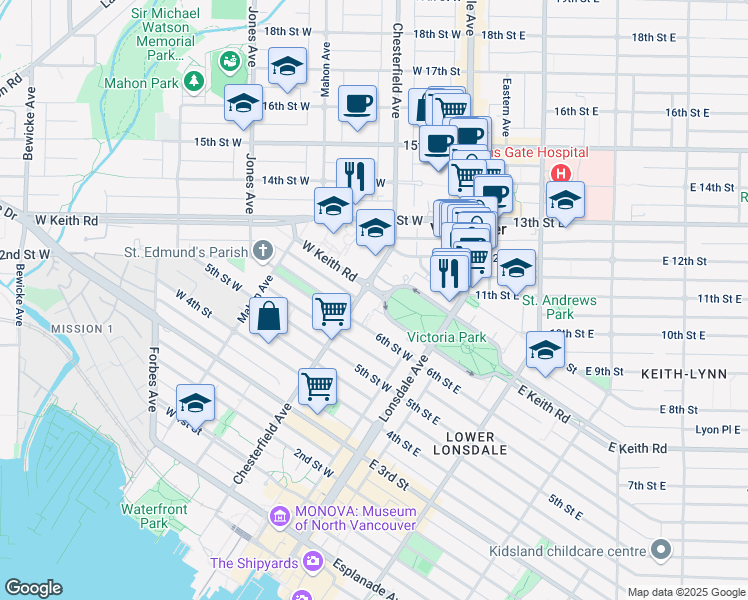 map of restaurants, bars, coffee shops, grocery stores, and more near 683 West Victoria Park in North Vancouver