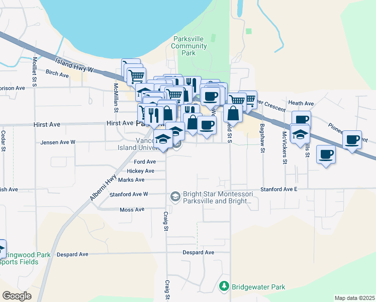 map of restaurants, bars, coffee shops, grocery stores, and more near 132 Jensen Avenue East in Parksville