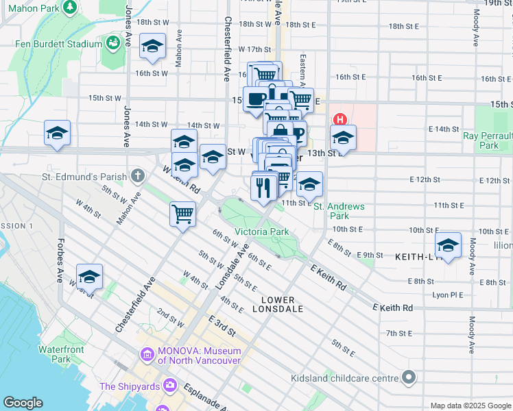 map of restaurants, bars, coffee shops, grocery stores, and more near 114 West Keith Road in North Vancouver
