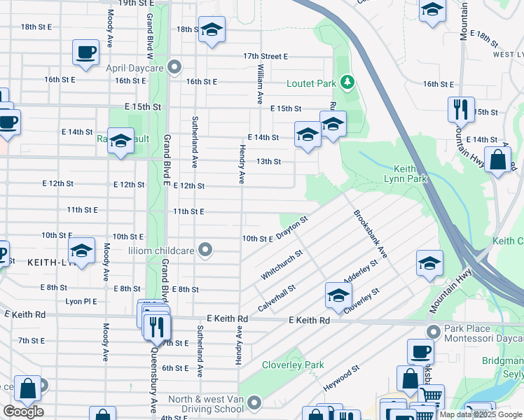 map of restaurants, bars, coffee shops, grocery stores, and more near 840 11th Street East in North Vancouver