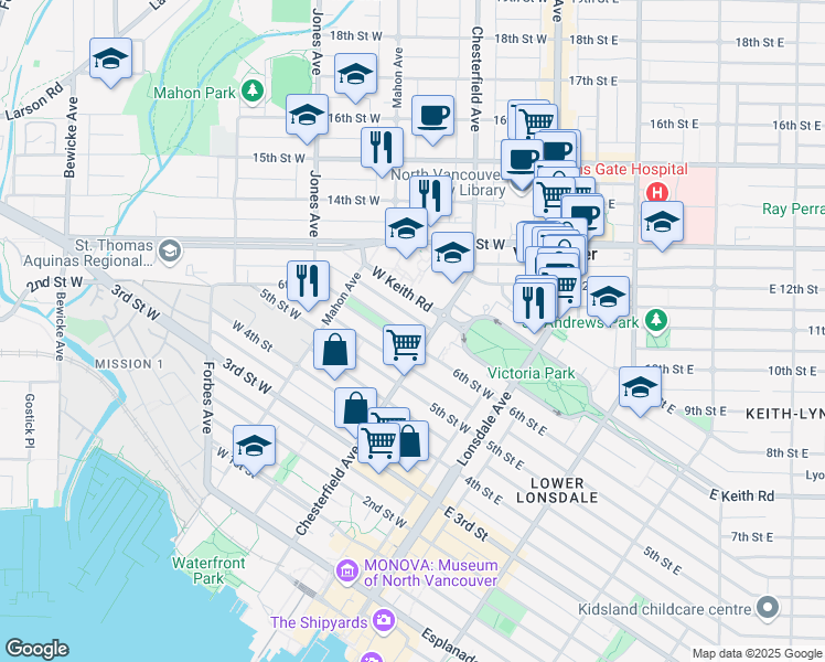 map of restaurants, bars, coffee shops, grocery stores, and more near 214 West 6th Avenue in Vancouver