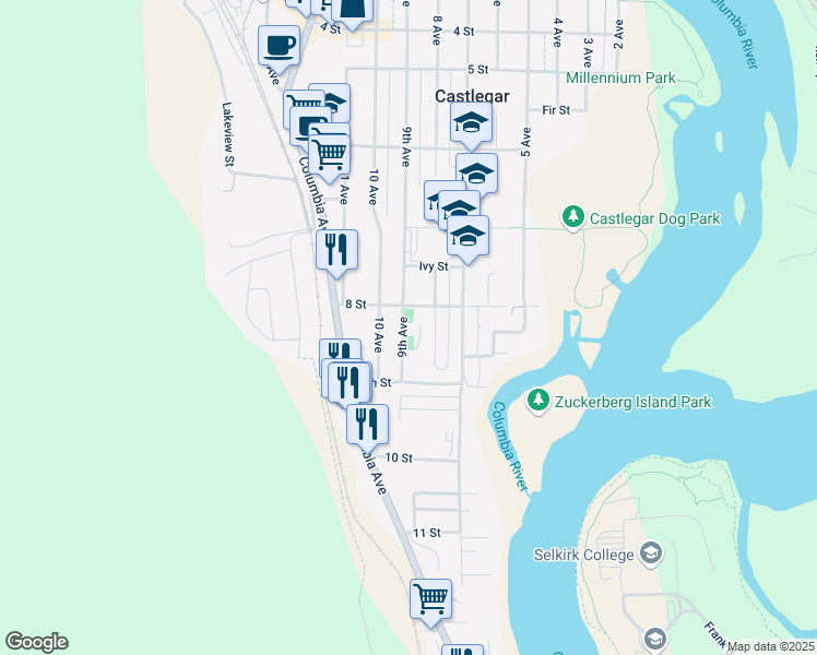 map of restaurants, bars, coffee shops, grocery stores, and more near 819 9 Avenue in Castlegar