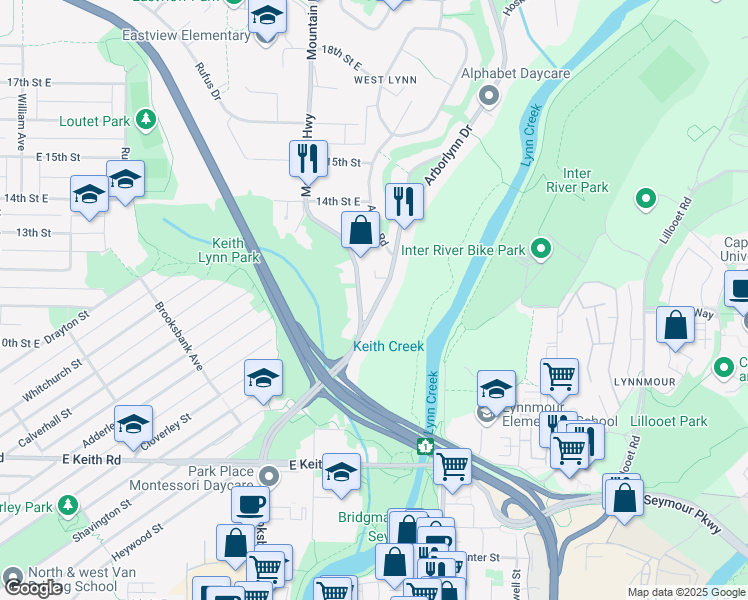 map of restaurants, bars, coffee shops, grocery stores, and more near 1151 Arborlynn Drive in North Vancouver