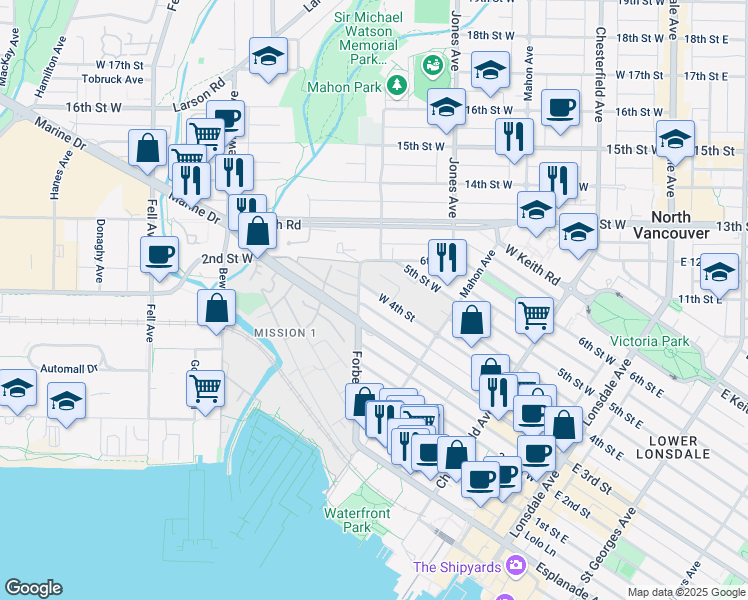 map of restaurants, bars, coffee shops, grocery stores, and more near 369 4th Street West in North Vancouver