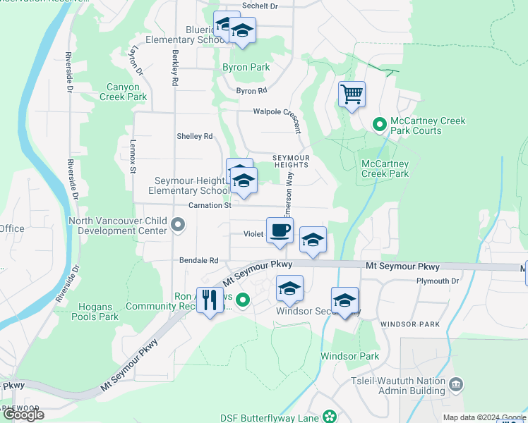 map of restaurants, bars, coffee shops, grocery stores, and more near 2687 Carnation Street in North Vancouver