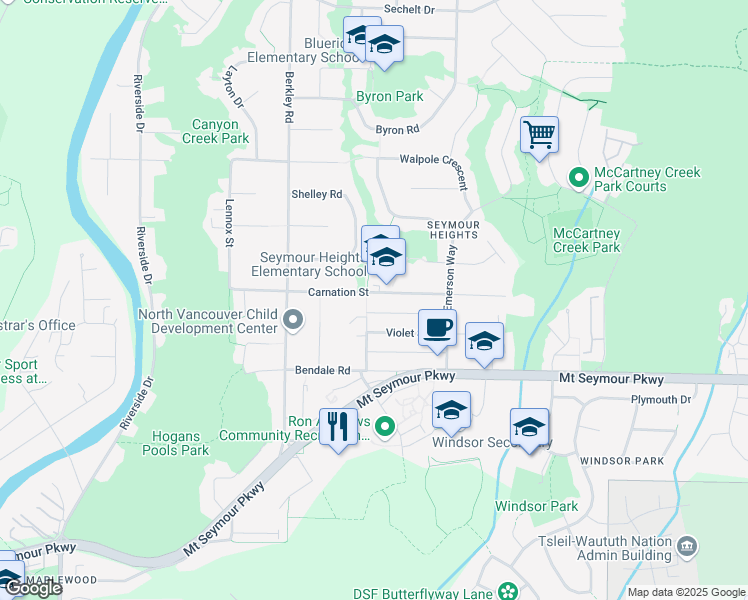 map of restaurants, bars, coffee shops, grocery stores, and more near 2601 Carnation Street in North Vancouver