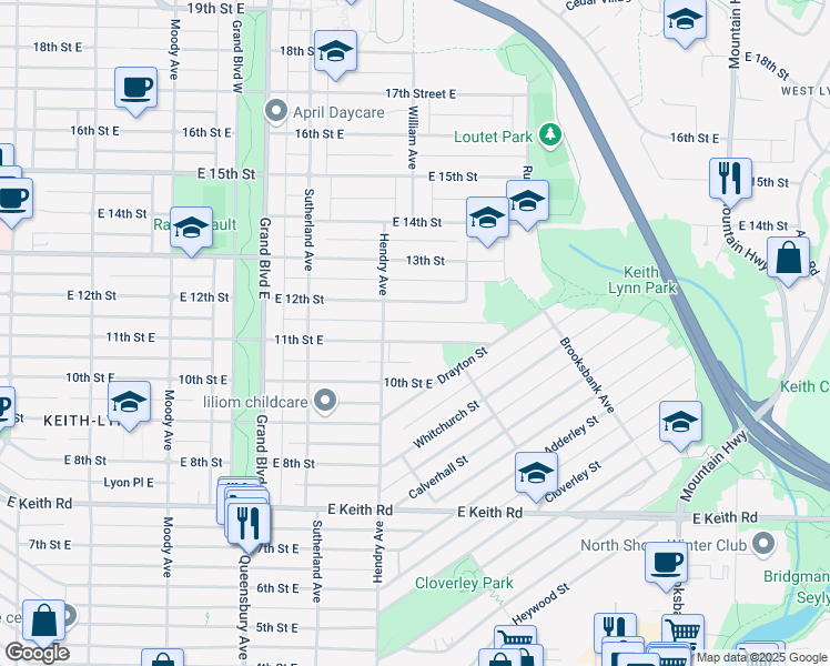 map of restaurants, bars, coffee shops, grocery stores, and more near 840 11th Street East in North Vancouver