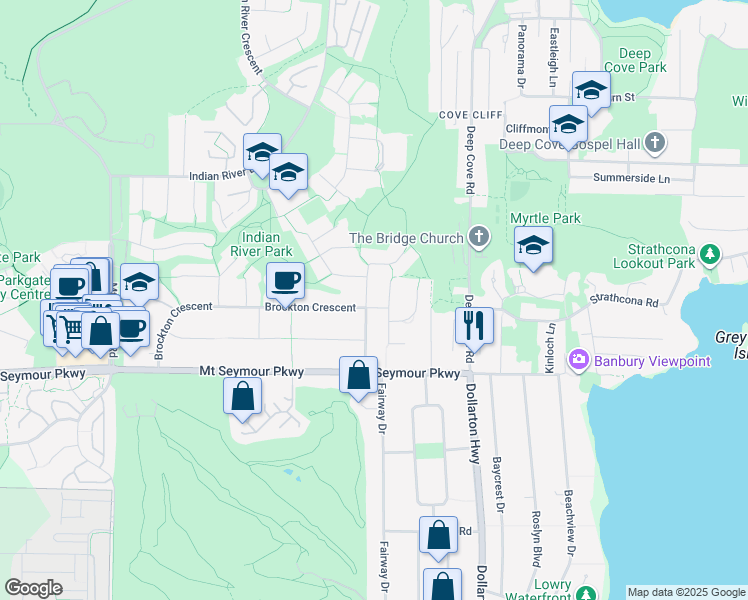 map of restaurants, bars, coffee shops, grocery stores, and more near 1200 Beaufort Road in North Vancouver