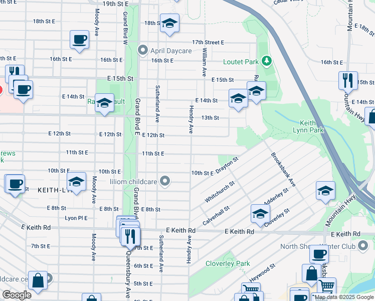 map of restaurants, bars, coffee shops, grocery stores, and more near 796 11th Street East in North Vancouver