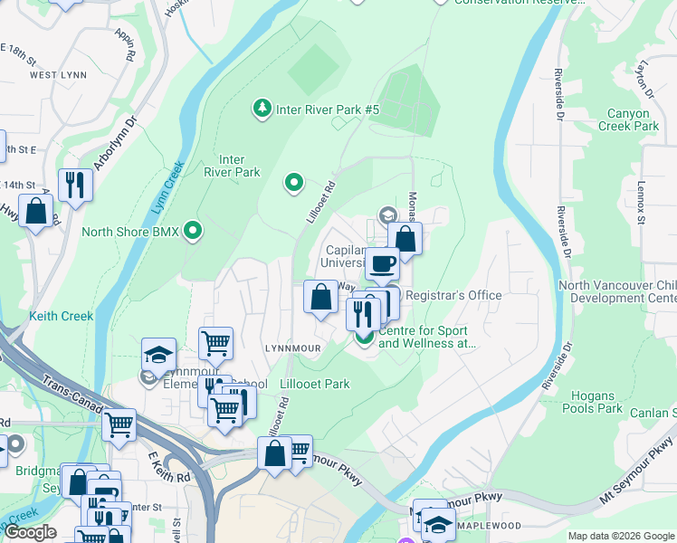 map of restaurants, bars, coffee shops, grocery stores, and more near 2076 Purcell Way in North Vancouver