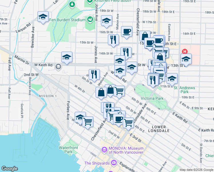 map of restaurants, bars, coffee shops, grocery stores, and more near 255 6th Street West in North Vancouver
