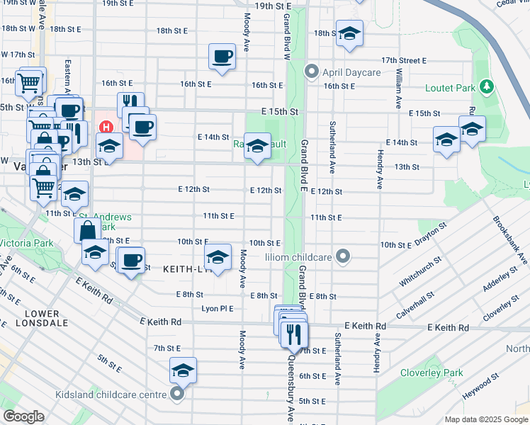 map of restaurants, bars, coffee shops, grocery stores, and more near 528 11th Street East in North Vancouver