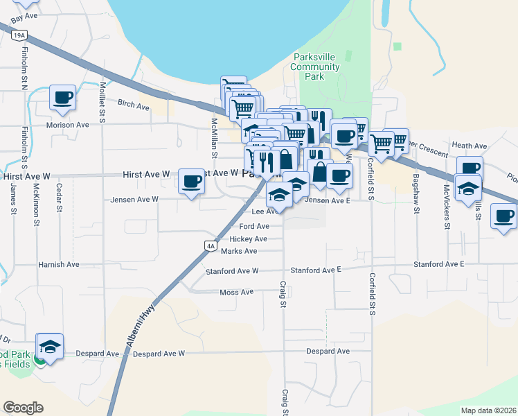 map of restaurants, bars, coffee shops, grocery stores, and more near 120 Jensen Avenue West in Parksville