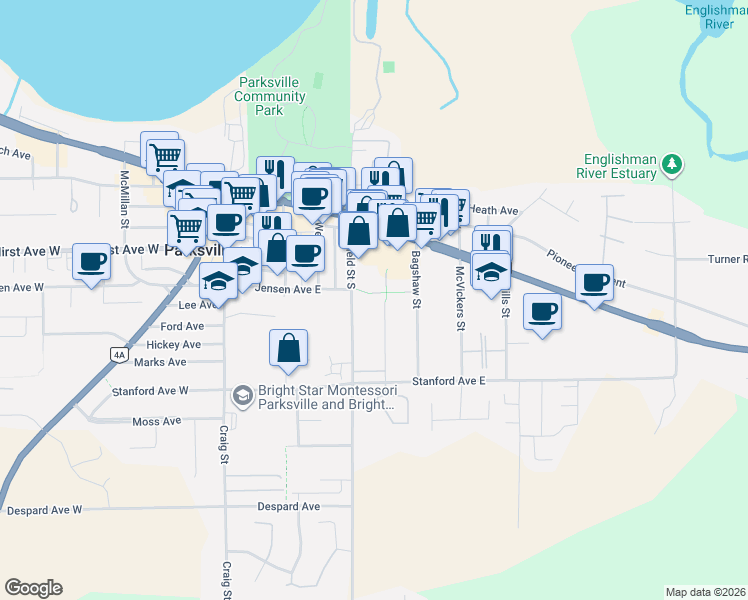 map of restaurants, bars, coffee shops, grocery stores, and more near 215 Evergreen Street in Parksville