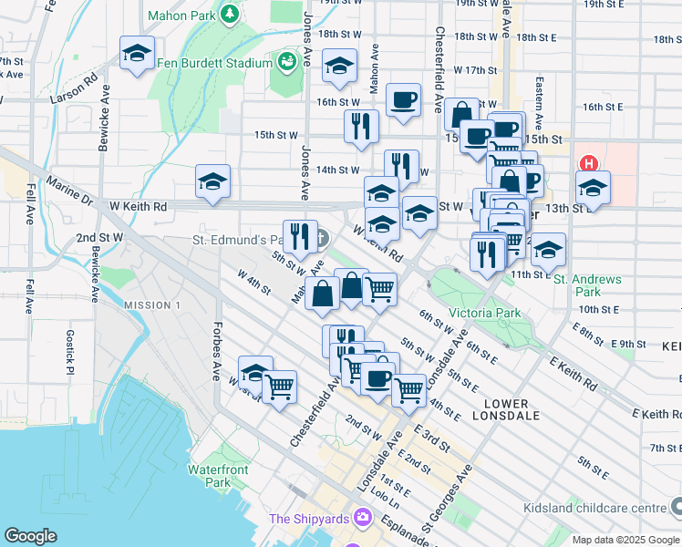 map of restaurants, bars, coffee shops, grocery stores, and more near 255 6th Street West in North Vancouver