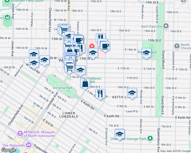 map of restaurants, bars, coffee shops, grocery stores, and more near 232 East 11th Avenue in Vancouver