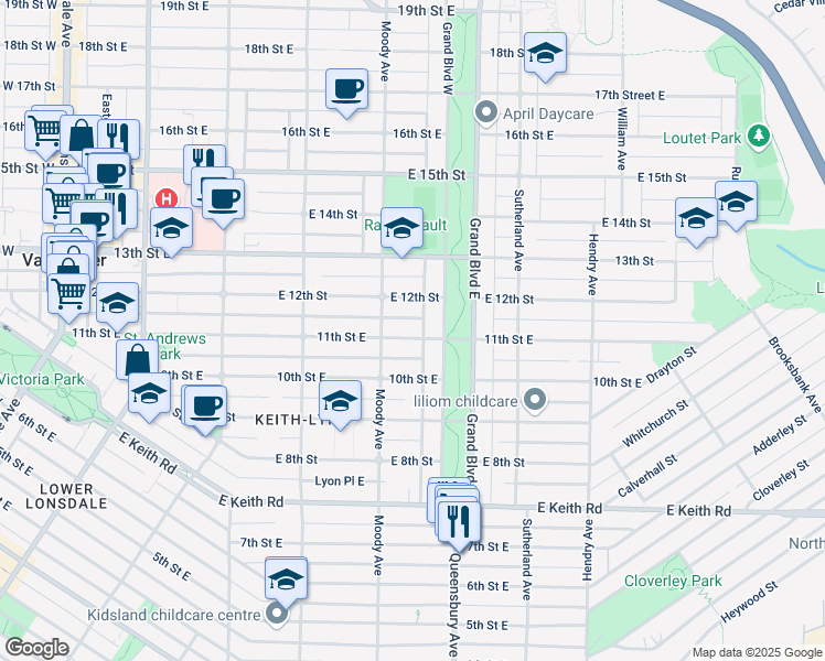 map of restaurants, bars, coffee shops, grocery stores, and more near 528 11th Street East in North Vancouver