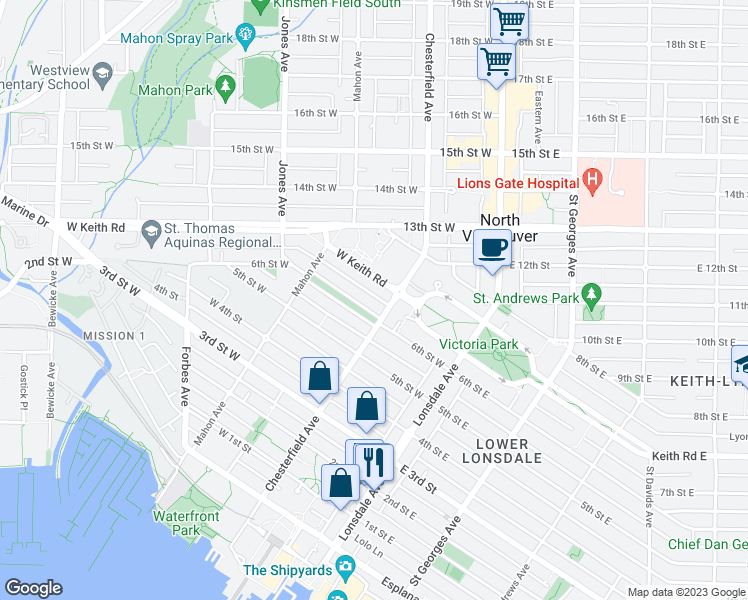 map of restaurants, bars, coffee shops, grocery stores, and more near 2214 West 6th Avenue in Vancouver