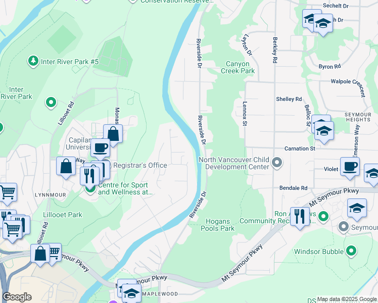 map of restaurants, bars, coffee shops, grocery stores, and more near 1138 Hilary Place in North Vancouver