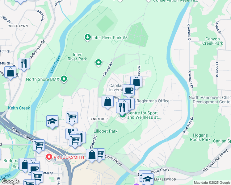 map of restaurants, bars, coffee shops, grocery stores, and more near 2030 Purcell Way in North Vancouver