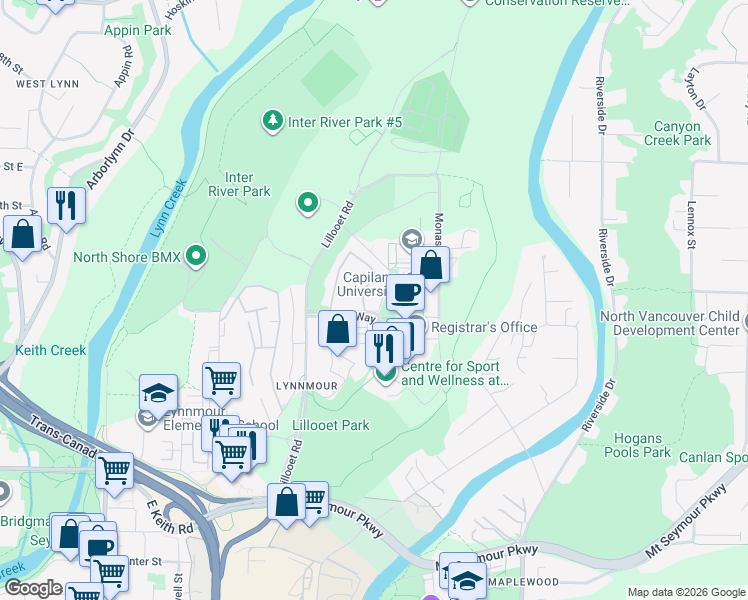 map of restaurants, bars, coffee shops, grocery stores, and more near 2082 Purcell Way in North Vancouver