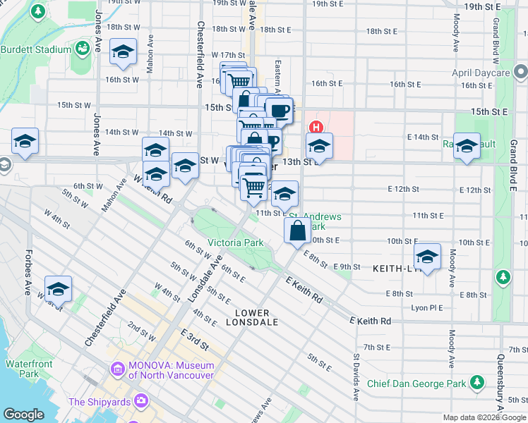map of restaurants, bars, coffee shops, grocery stores, and more near 107 East 12th Street in North Vancouver